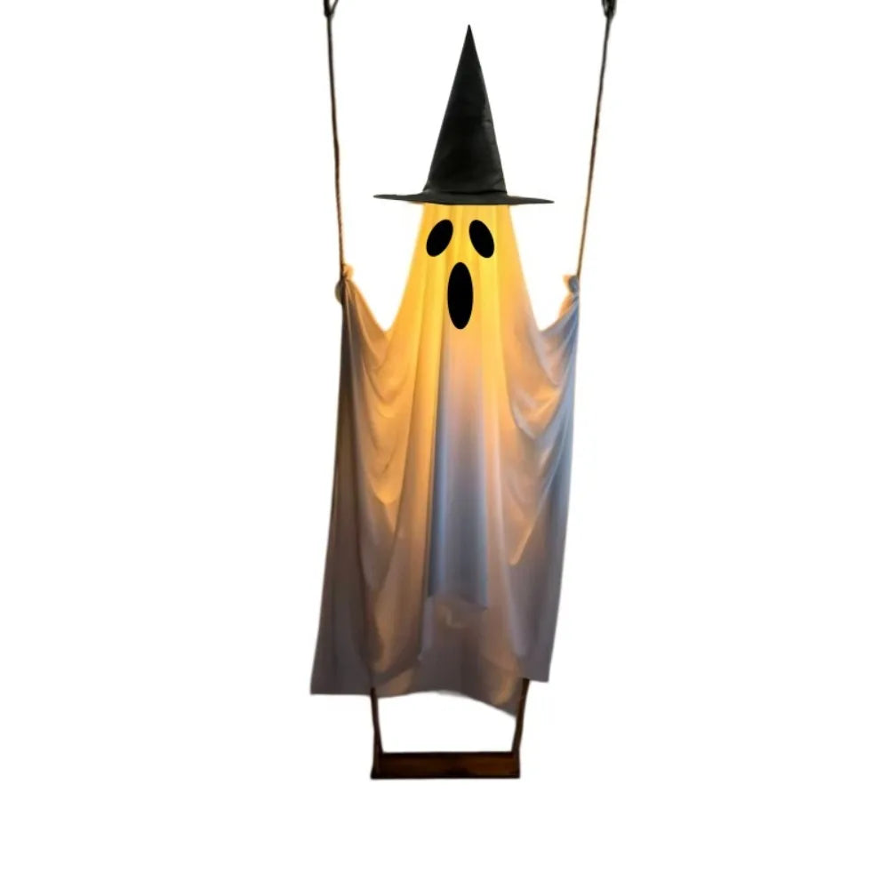 Halloween Large Hanging Swing Ghost Decor with Witch Hat Remote Control LED Light Up  Tree Outdoor Halloween Party Decorations