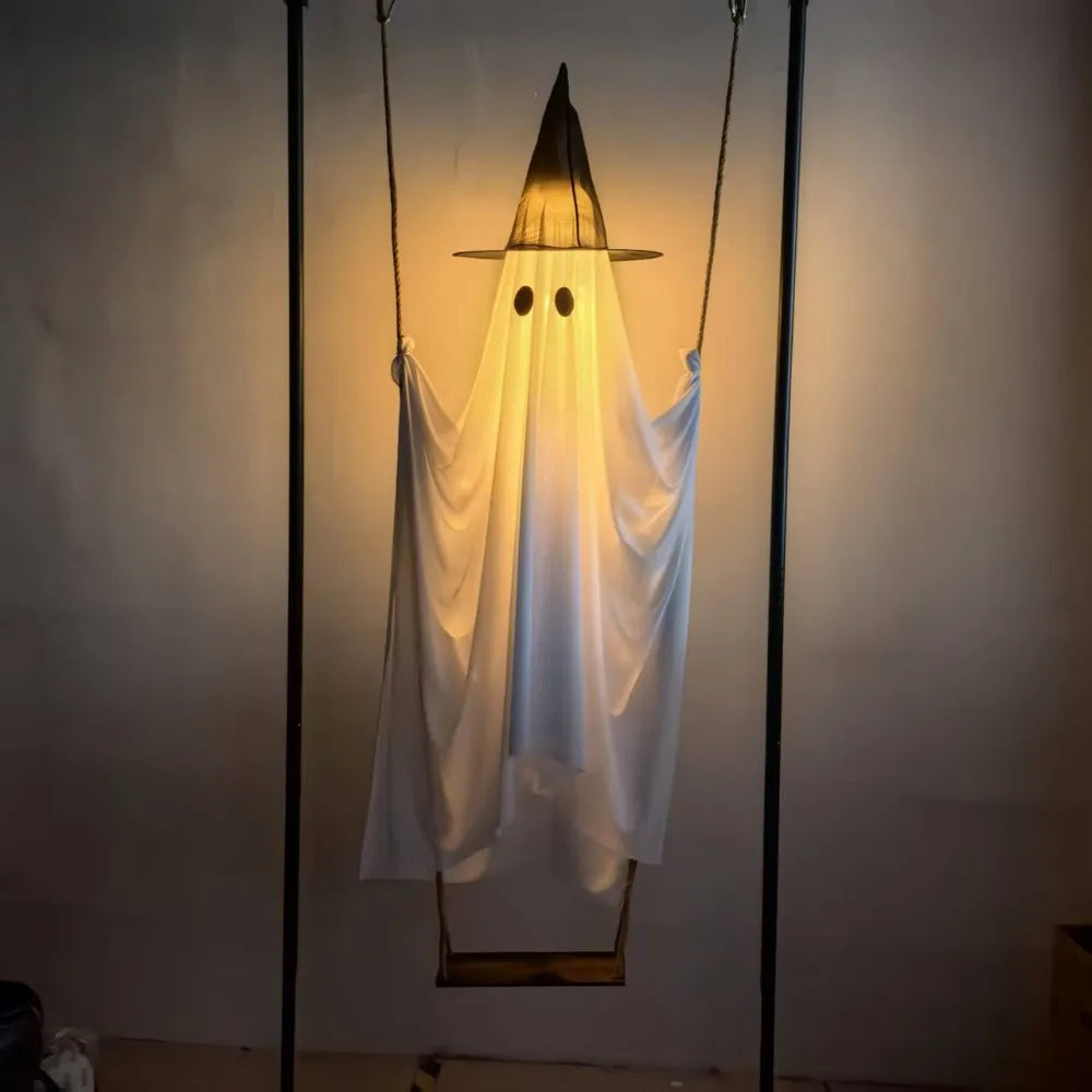 Halloween Large Hanging Swing Ghost Decor with Witch Hat Remote Control LED Light Up  Tree Outdoor Halloween Party Decorations