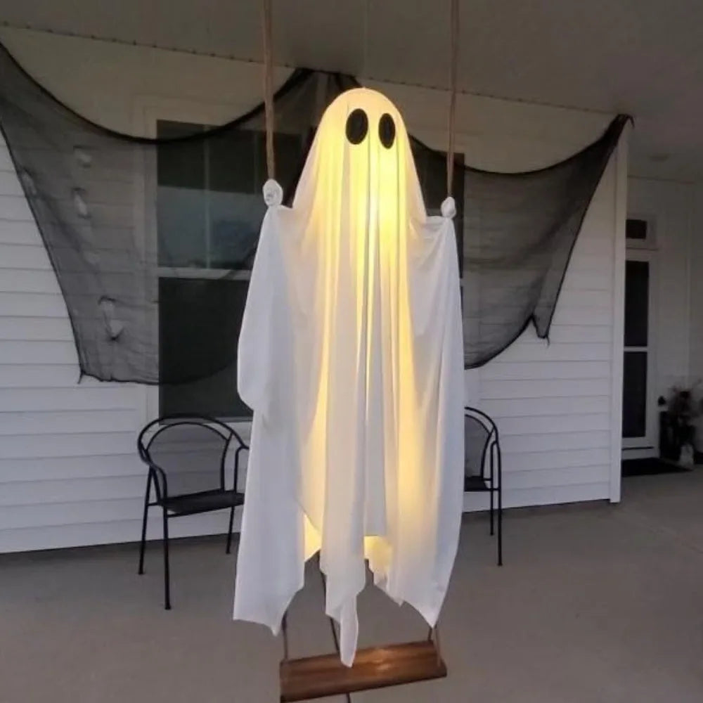 Halloween Large Hanging Swing Ghost Decor with Witch Hat Remote Control LED Light Up  Tree Outdoor Halloween Party Decorations