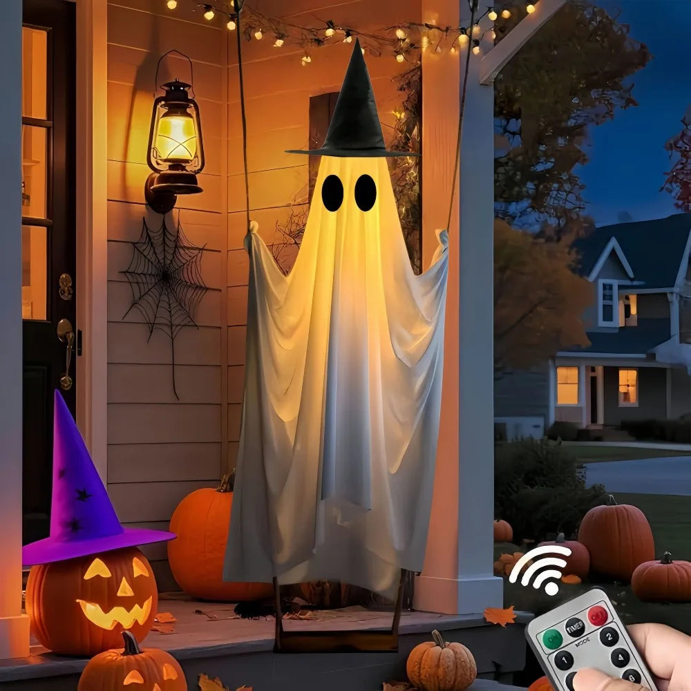 Halloween Large Hanging Swing Ghost Decor with Witch Hat Remote Control LED Light Up  Tree Outdoor Halloween Party Decorations