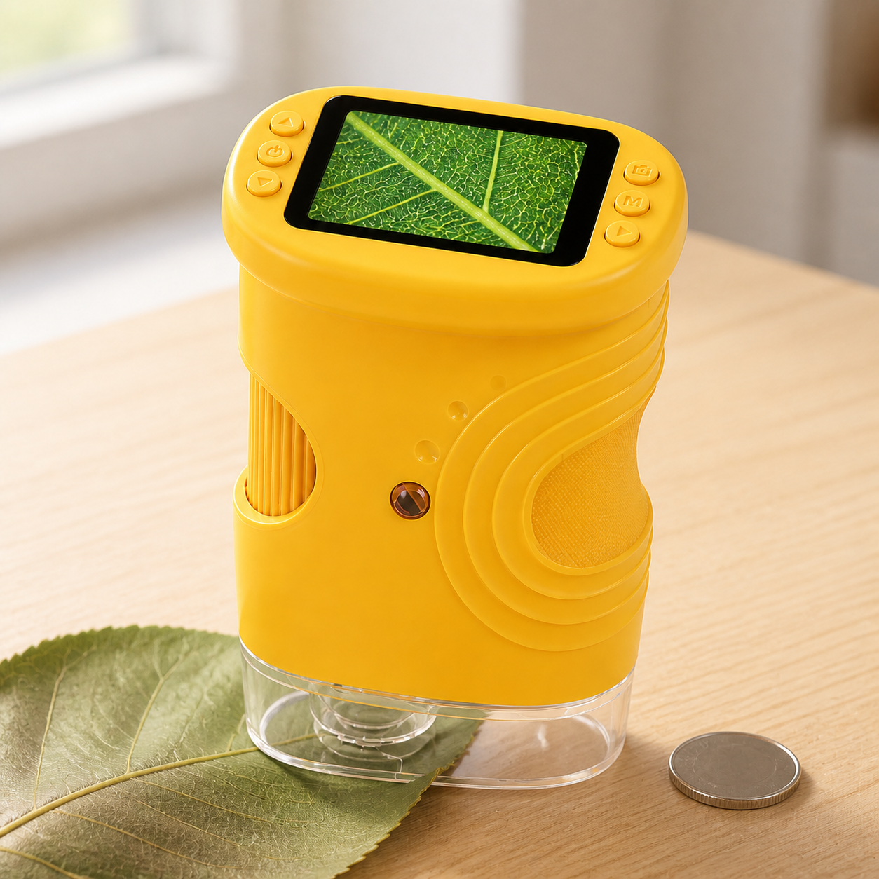 Curivio digital microscope examining a green leaf