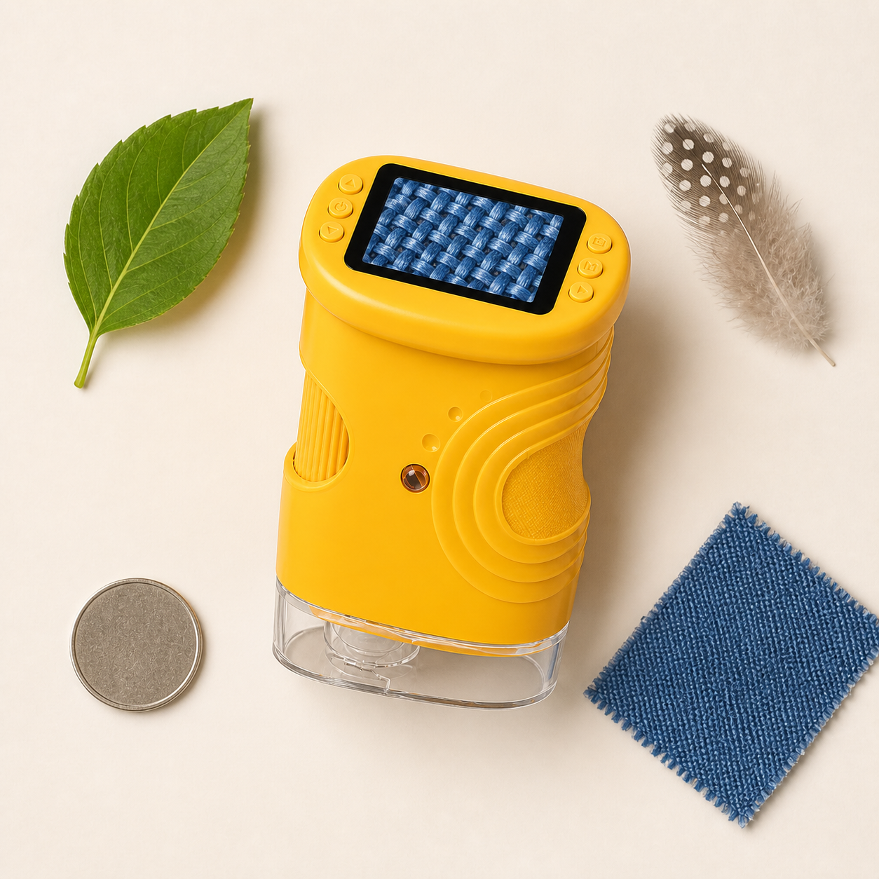 Curivio digital microscope with a leaf, feather, coin, and fabric samples